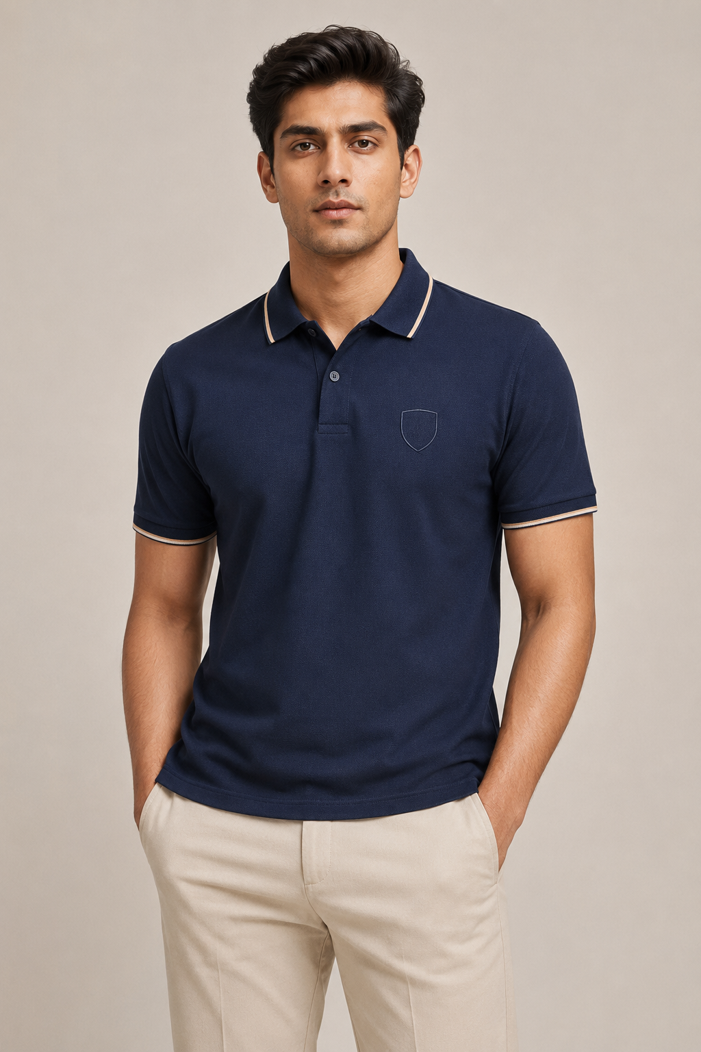 Navy Badge Pique Lycra Polo