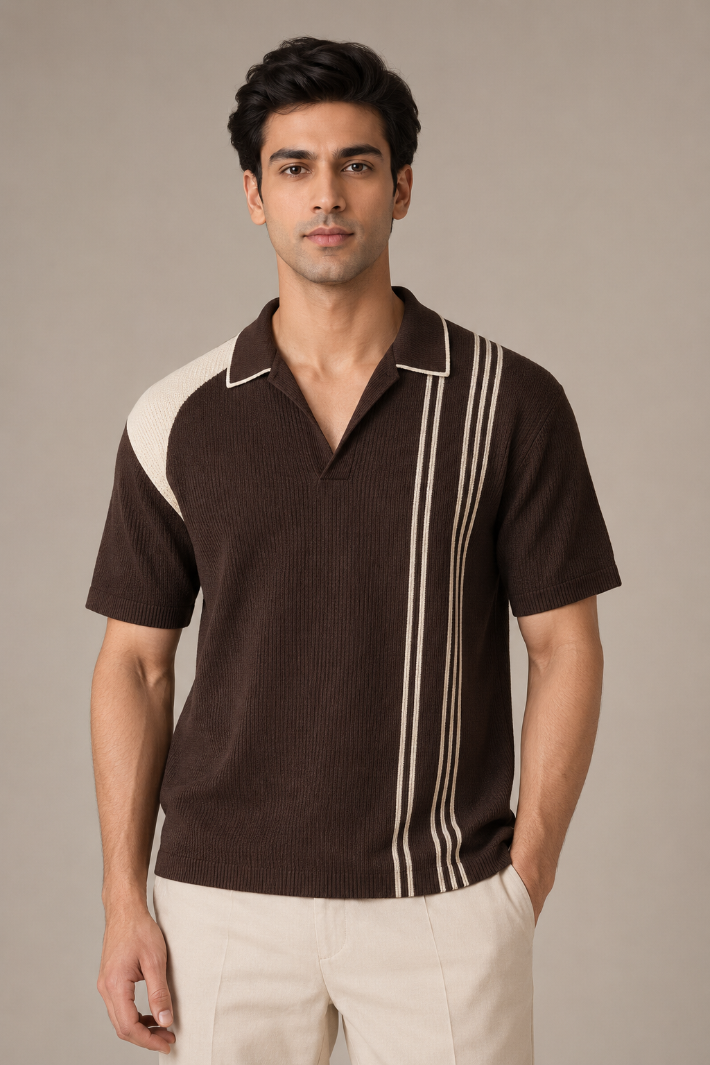 Mono Stripe Brown Flatknit Polo